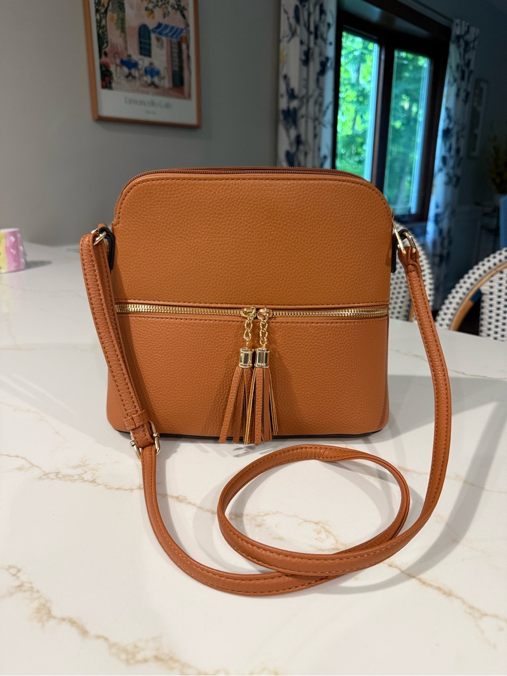 Faux Leather Crossbody Bag with Tassel Zip - Women